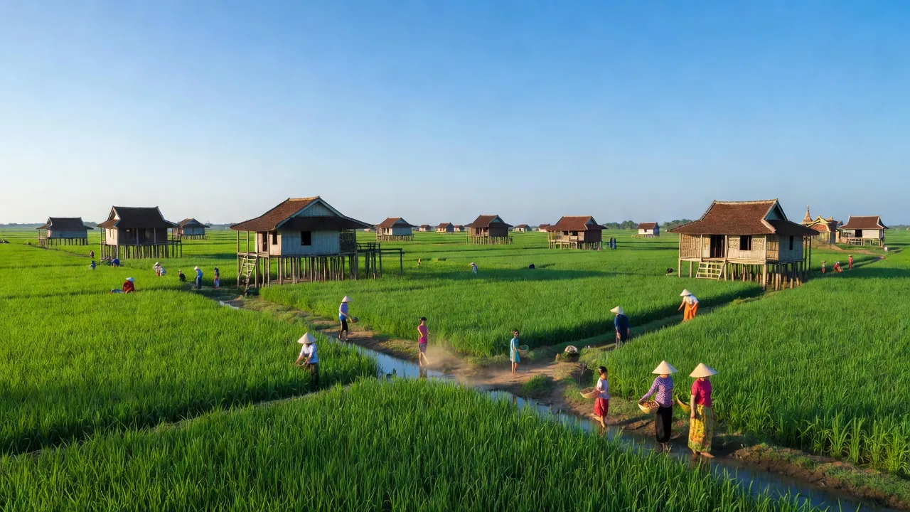 Thị trấn Óc Eo, Huyện Thoại Sơn, Tỉnh An Giang, với cảnh quan xanh tươi và nhà truyền thống.