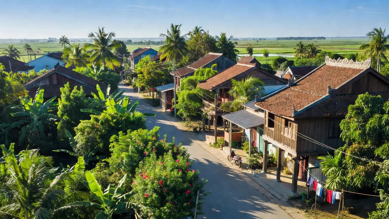 Khung cảnh thị trấn Phú Hoà, huyện Thoại Sơn, tỉnh An Giang với cây xanh và kiến trúc truyền thống.
