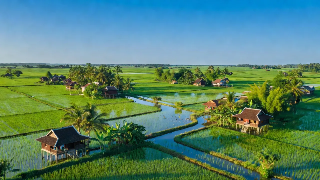 Cảnh đồng ruộng và nhà truyền thống tại xã Phú Thuận, huyện Thoại Sơn, tỉnh An Giang.