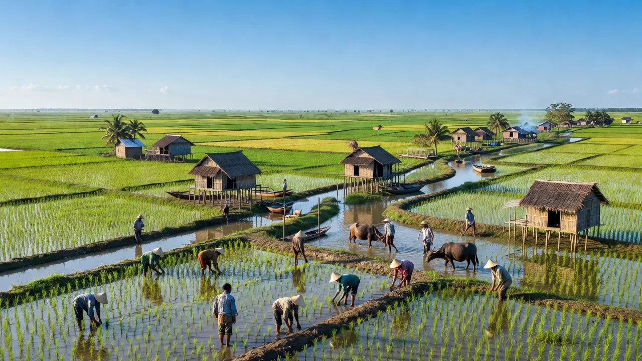 Cảnh quan xã Phú Thuận, huyện Thoại Sơn, tỉnh An Giang với đồng ruộng, kênh rạch và nhà truyền thống.