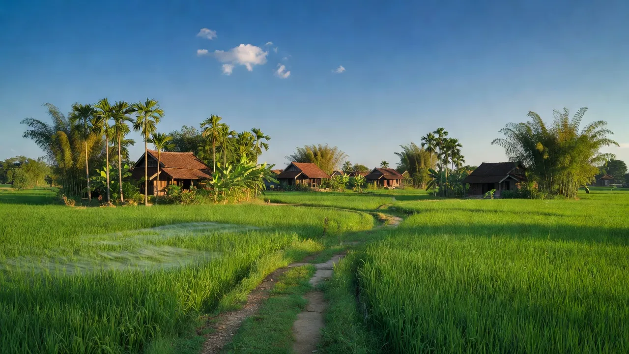 Cảnh quan nông thôn xã Tây Phú, huyện Thoại Sơn, An Giang, với đồng xanh và nhà truyền thống.