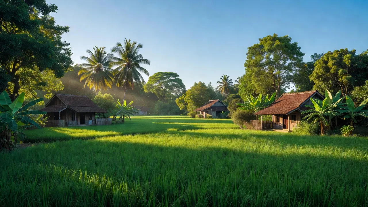 Khung cảnh đồng quê tại xã Thoại Giang, huyện Thoại Sơn, An Giang, với cánh đồng xanh và nhà truyền thống.