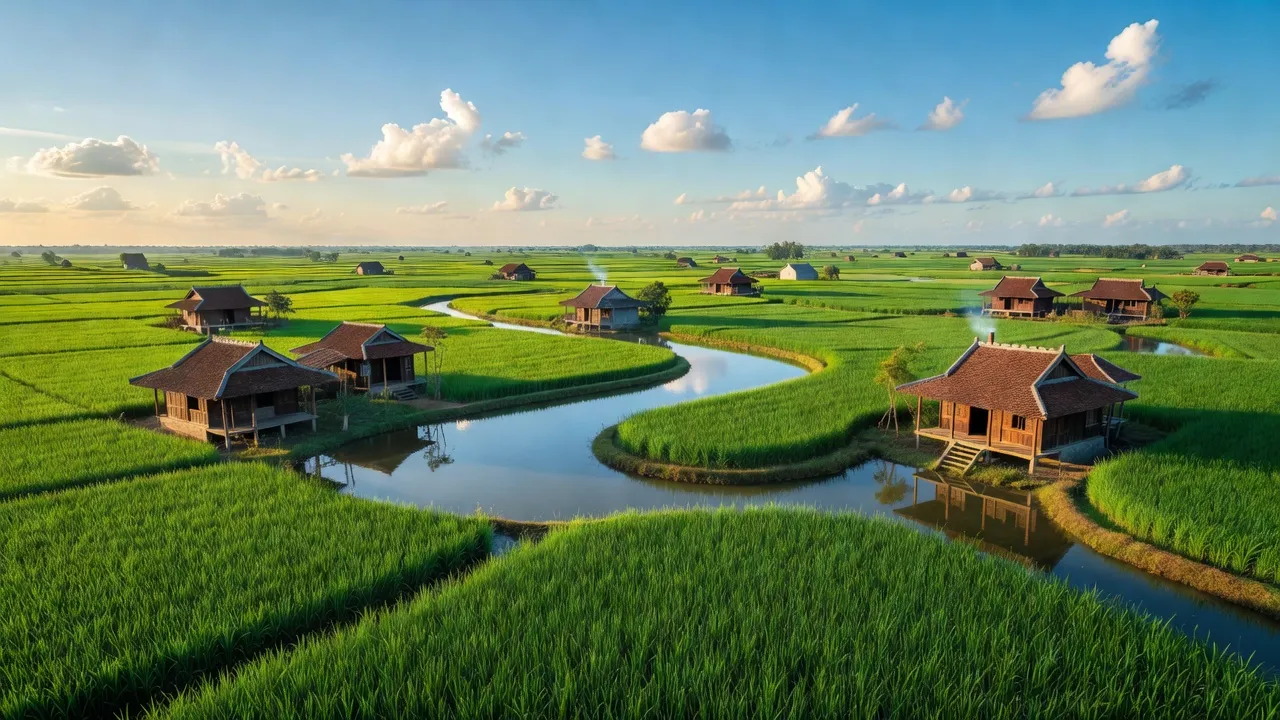Cảnh quan xã Vĩnh Chánh, huyện Thoại Sơn, An Giang với đồng lúa xanh tươi và nhà truyền thống.