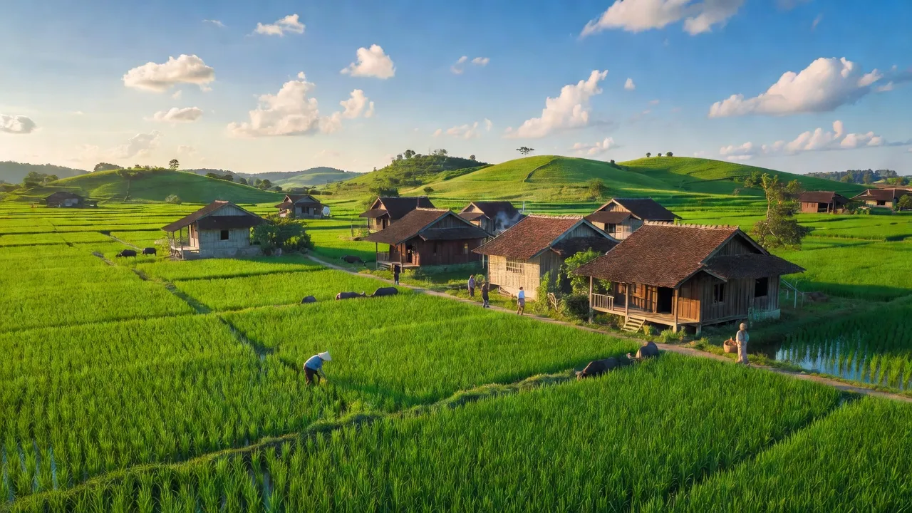 Khung cảnh xanh tươi của xã Vĩnh Chánh, huyện Thoại Sơn, tỉnh An Giang với cánh đồng lúa và nhà truyền thống.