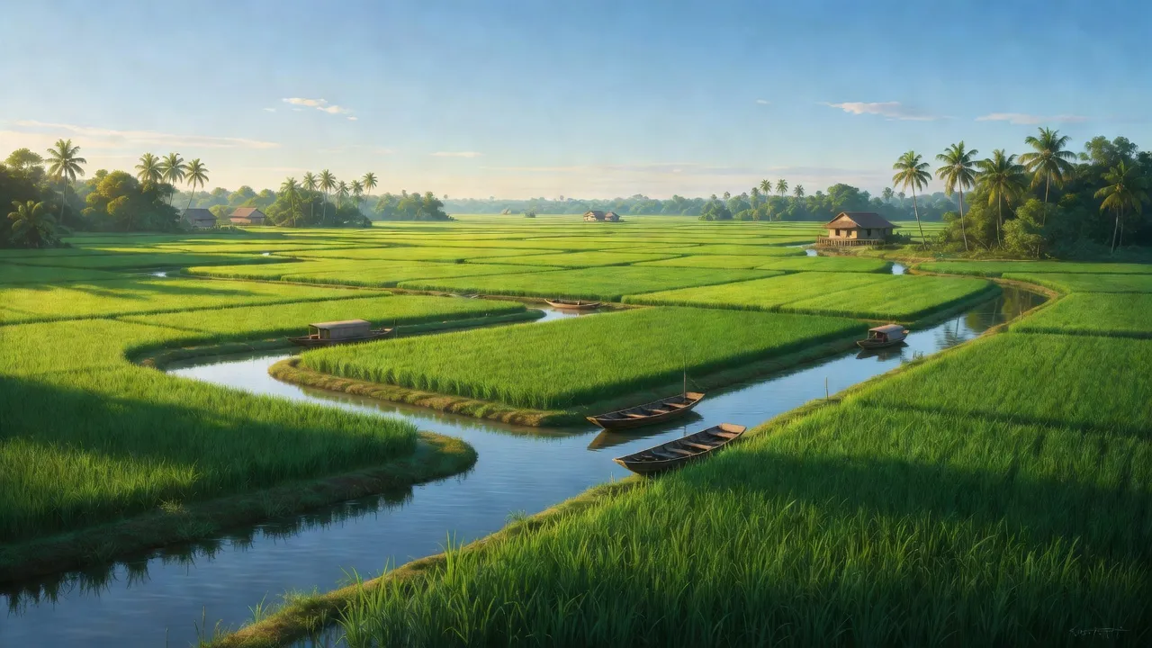 Cảnh quan xã Vĩnh Khánh, huyện Thoại Sơn, An Giang với cánh đồng xanh và kênh rạch.