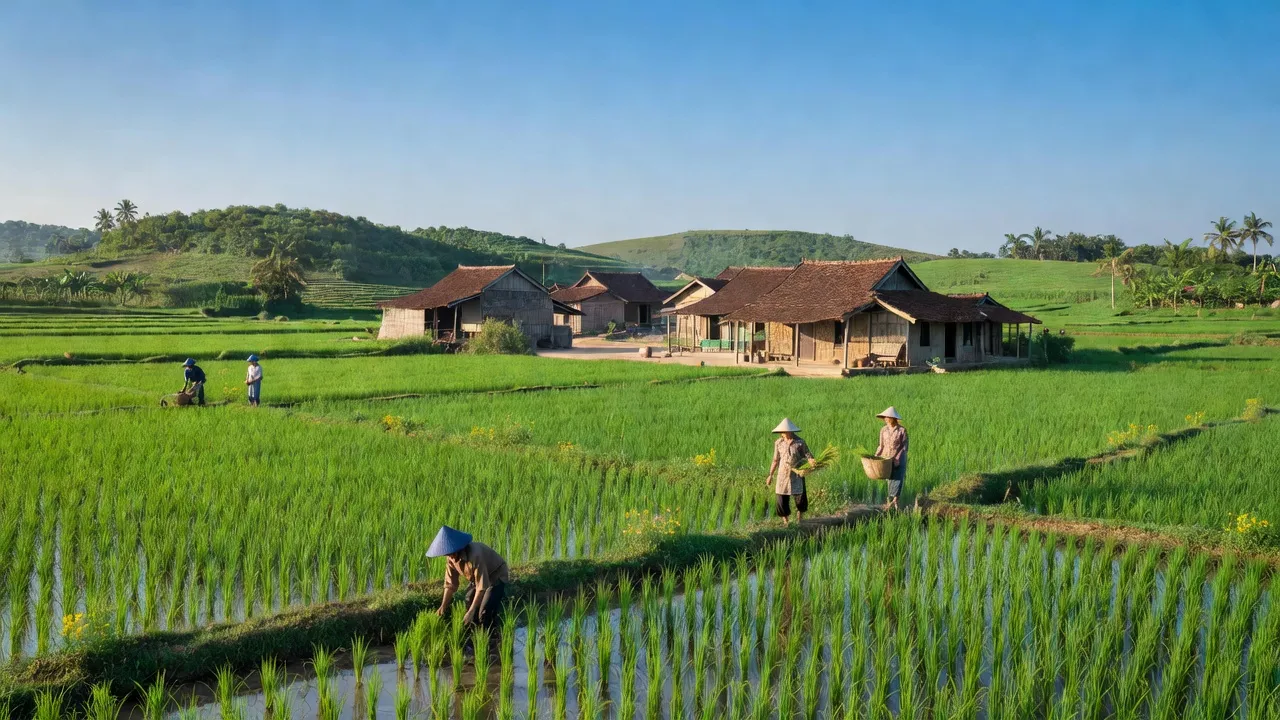 Cảnh đẹp xã Vĩnh Phú, Huyện Thoại Sơn, Tỉnh An Giang với cánh đồng xanh và nhà truyền thống.