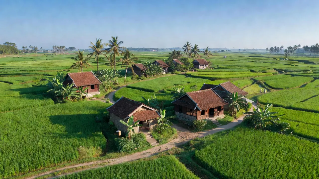 Quang cảnh xã Vĩnh Phú, huyện Thoại Sơn, An Giang với cánh đồng xanh mướt và nhà truyền thống.