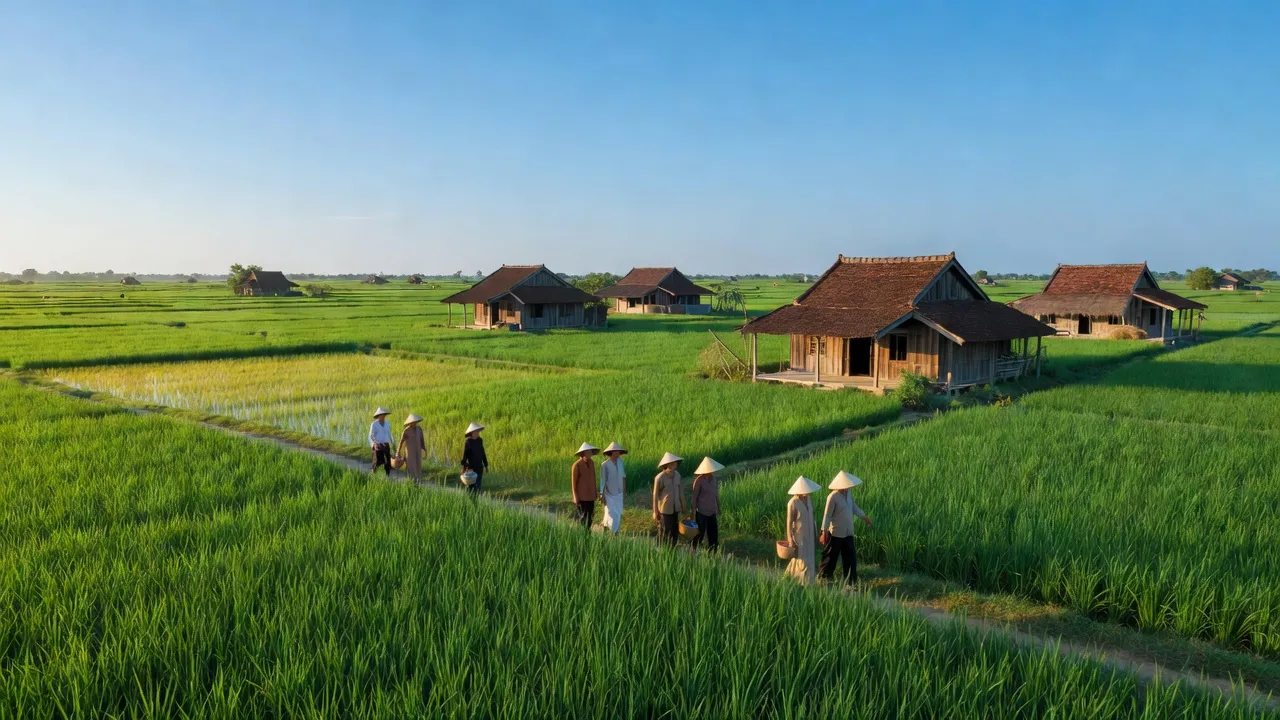 Cảnh đồng xanh Vĩnh Trạch, Thoại Sơn, An Giang với những ngôi nhà truyền thống và bầu trời trong xanh.
