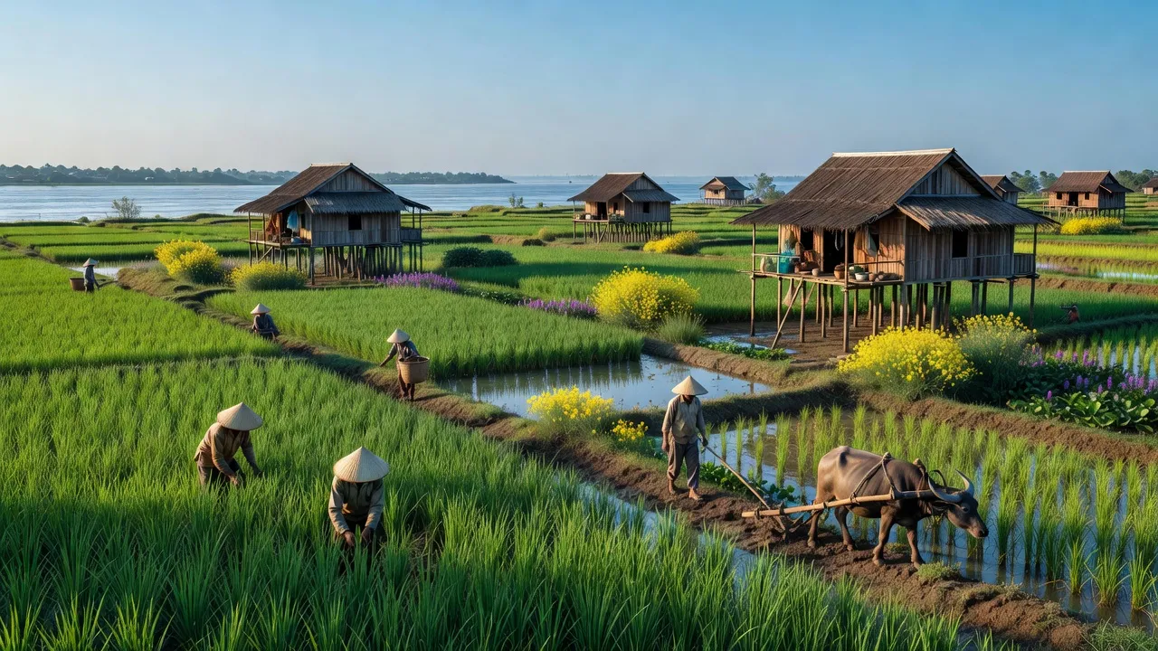 Khung cảnh nông thôn xã Vọng Đông, huyện Thoại Sơn, An Giang, đồng xanh và nhà gỗ truyền thống.