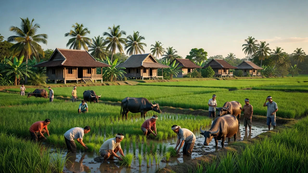 Cảnh sắc xã Vọng Thê, huyện Thoại Sơn, An Giang với đồng ruộng và cuộc sống nông thôn.