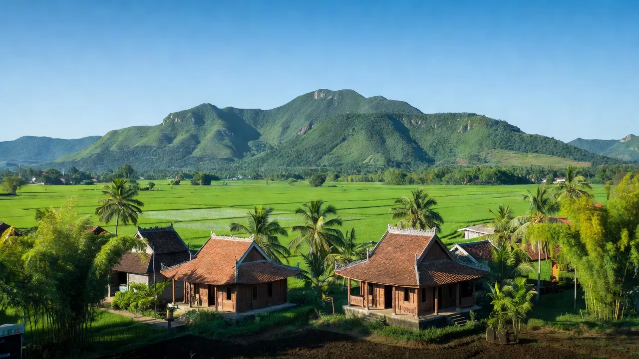 Cảnh đẹp thiên nhiên Tịnh Biên, An Giang với núi non và đồng ruộng xanh mướt.
