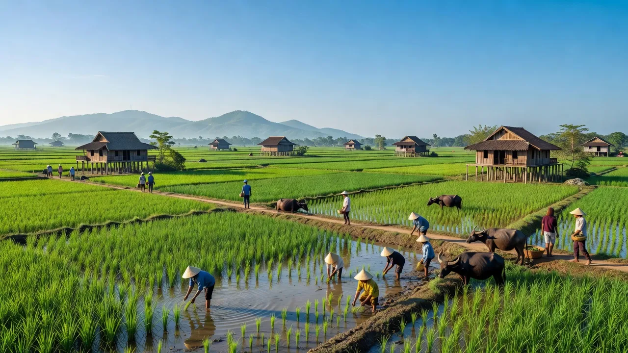 Cánh đồng xanh mướt và nhà truyền thống ở xã An Cư, Tịnh Biên, tỉnh An Giang.