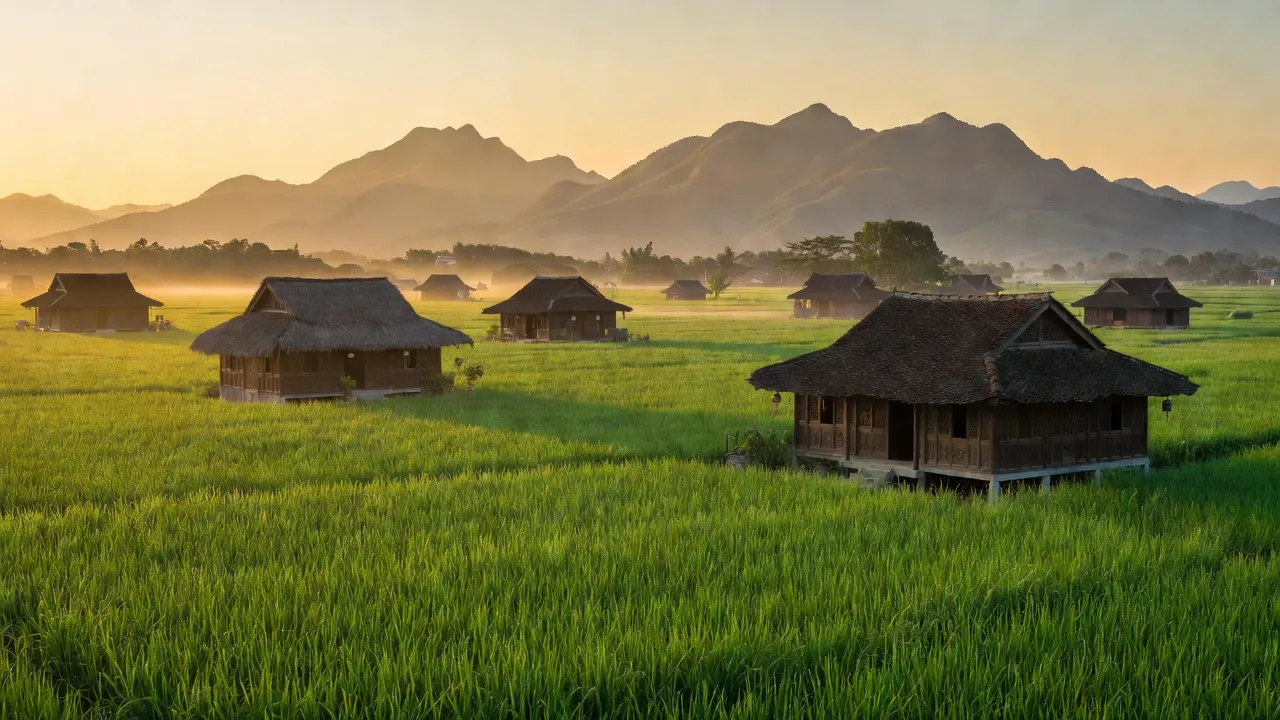 Cảnh đẹp xã An Nông, Tịnh Biên với cánh đồng xanh, nhà truyền thống và núi non An Giang.