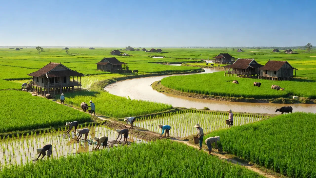 Khung cảnh bình yên Phường An Phú, Tịnh Biên, An Giang với cánh đồng, sông và nhà truyền thống.