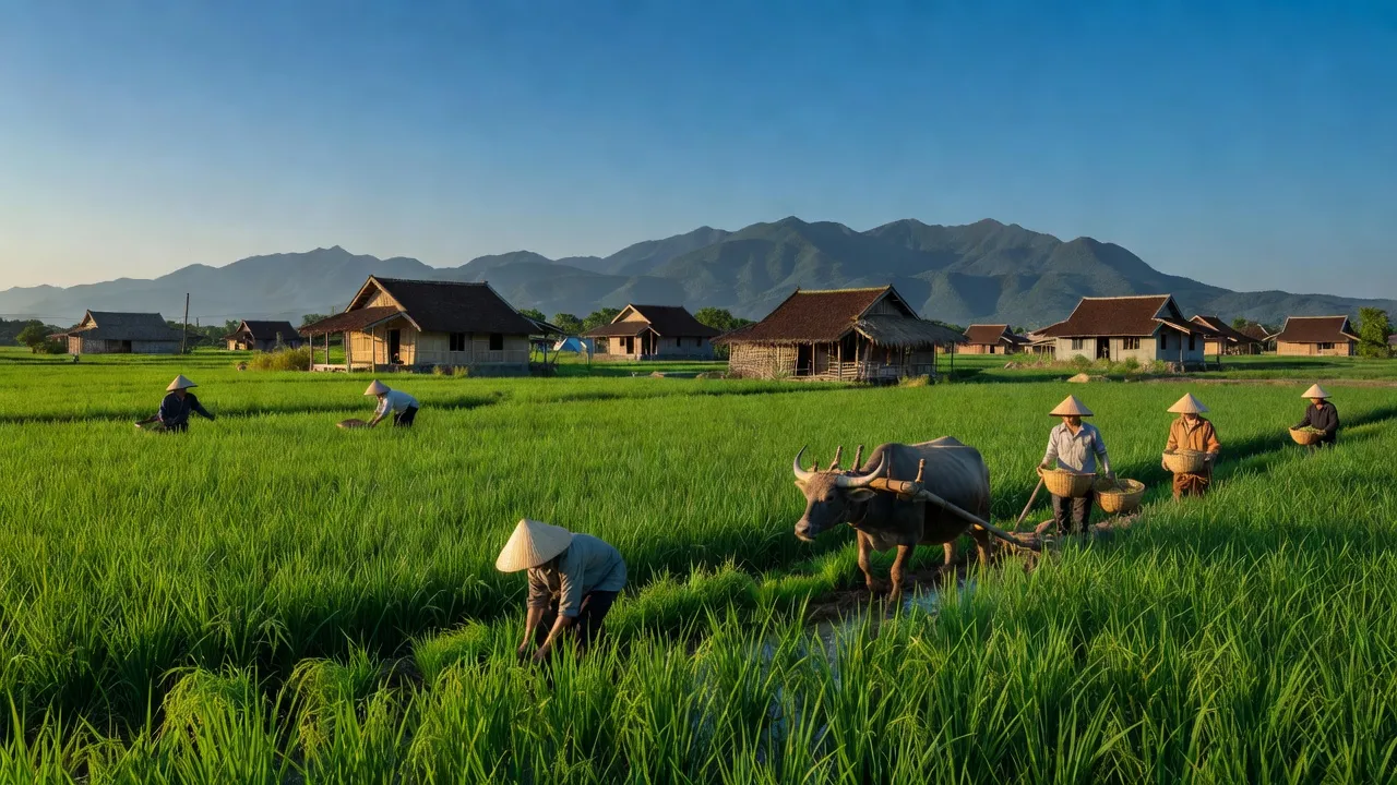 Khung cảnh Phường An Phú, Tịnh Biên, An Giang với ruộng lúa xanh và nhà truyền thống.