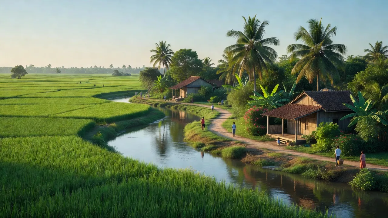 Cảnh sắc phường Chi Lăng, Tịnh Biên, An Giang với cánh đồng xanh và sông nước bình yên.