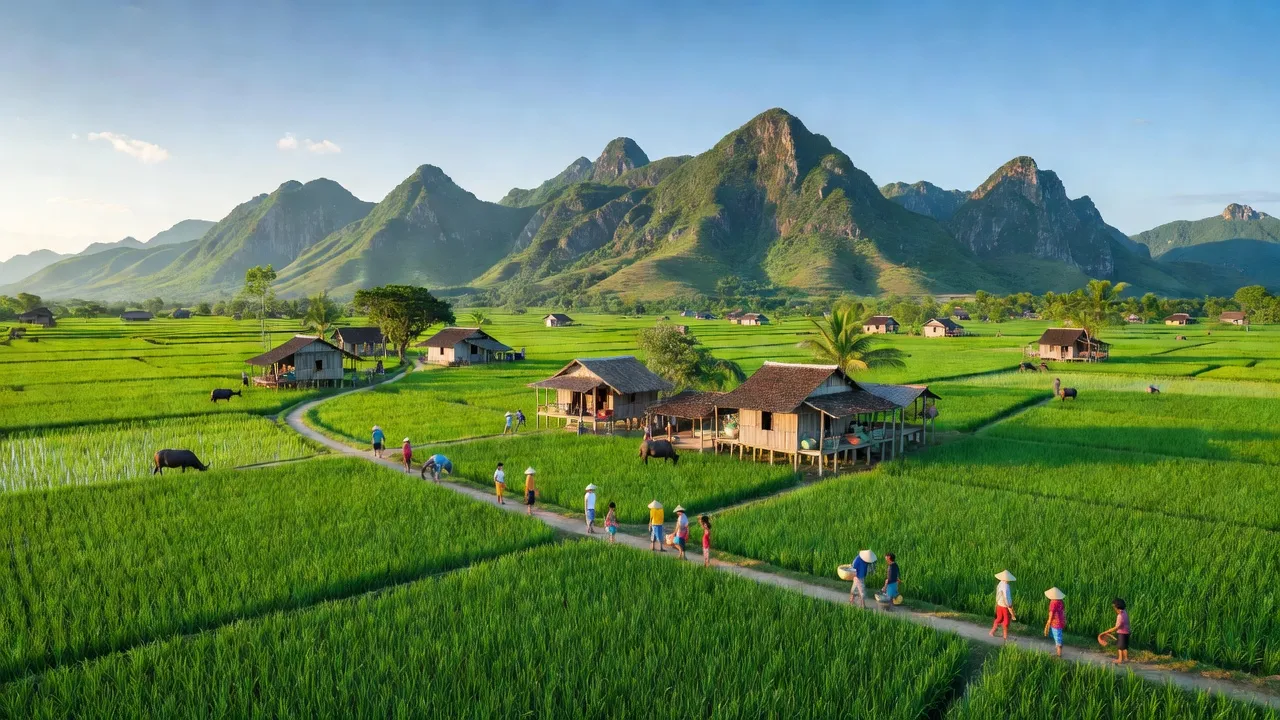 Khung cảnh thiên nhiên phường Chi Lăng, Tịnh Biên, An Giang với cánh đồng xanh và núi non.