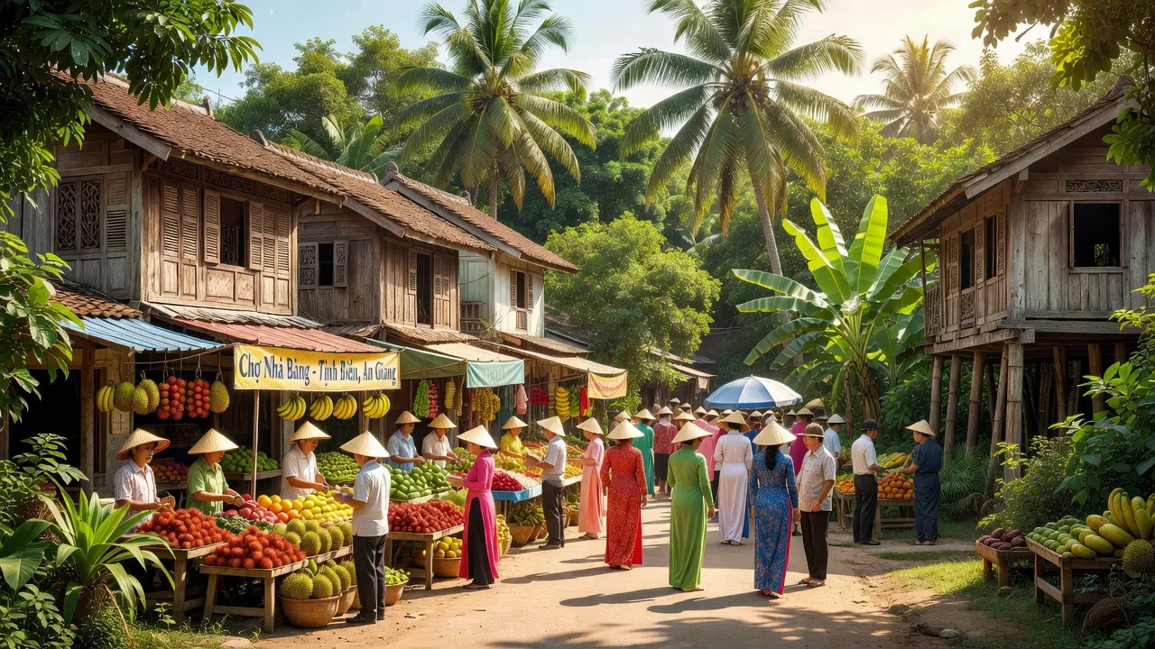 Cảnh đường phố nhộn nhịp ở Phường Nhà Bàng, Tịnh Biên, An Giang, với hoạt động buôn bán sôi động.