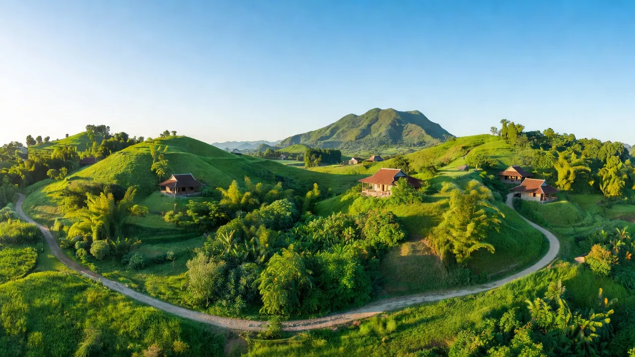 Phường Núi Voi in Tịnh Biên, An Giang with green hills and traditional houses.