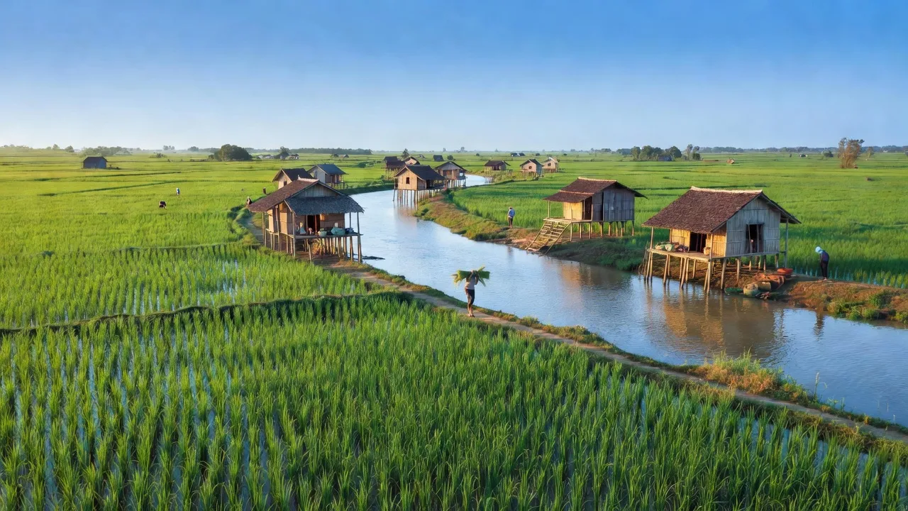 Cảnh đẹp nông thôn Xã Tân Lập, Thị xã Tịnh Biên, tỉnh An Giang, với ruộng xanh và nhà truyền thống.