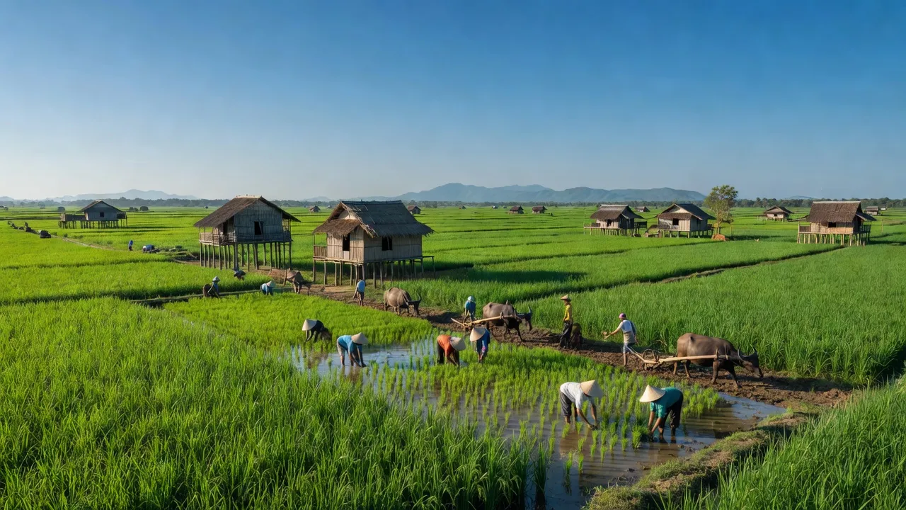 Phong cảnh xã Tân Lập, Thị xã Tịnh Biên, tỉnh An Giang với cánh đồng xanh và nhà truyền thống.