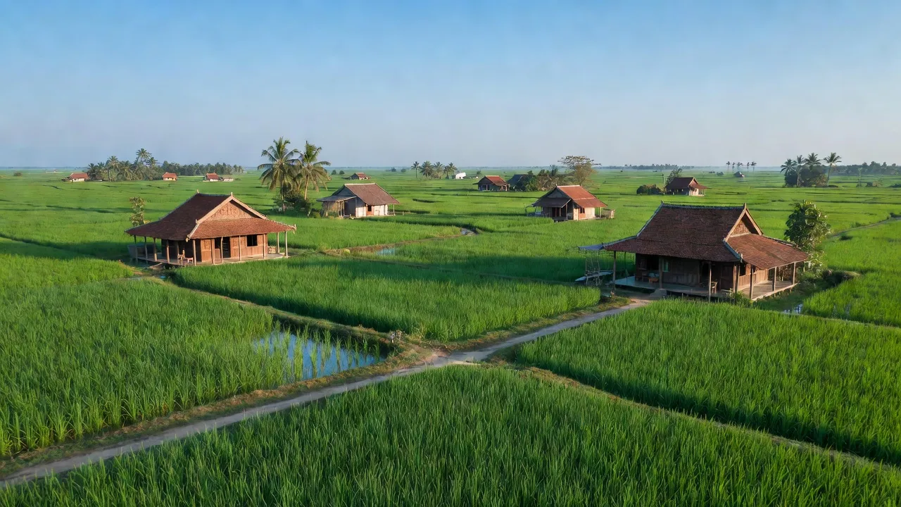 Cảnh bình yên nông thôn Tân Lợi, Tịnh Biên, An Giang với ruộng lúa xanh và nhà truyền thống.