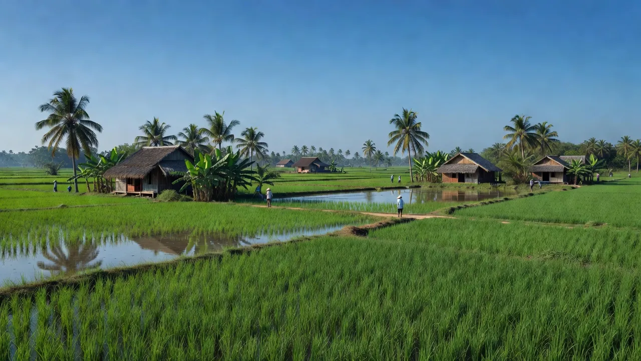 Cảnh đẹp xã Văn Giáo, Thị xã Tịnh Biên, An Giang với đồng lúa xanh tươi và nhà truyền thống.
