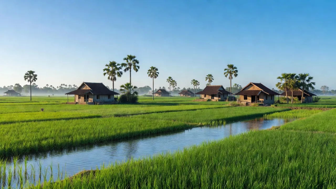 Cảnh đẹp xã Văn Giáo, Tịnh Biên, An Giang với cánh đồng xanh và nhà truyền thống, khí hậu nhiệt đới.