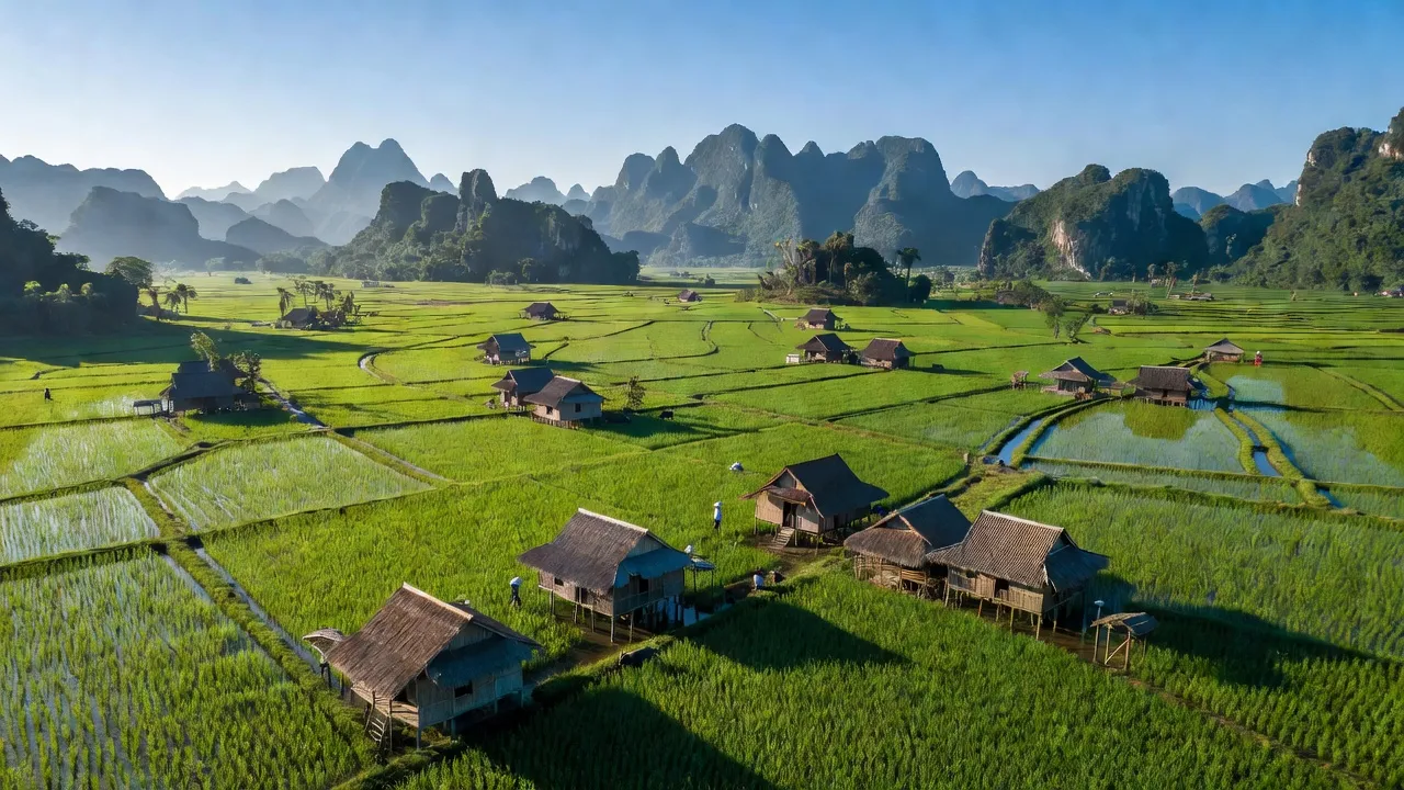 Khung cảnh huyện Tri Tôn An Giang với những ngọn núi, thung lũng xanh và ruộng lúa.