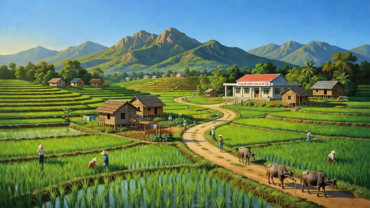 Khung cảnh xã An Tức, huyện Tri Tôn, An Giang, với đồng xanh và núi đồi tuyệt đẹp.