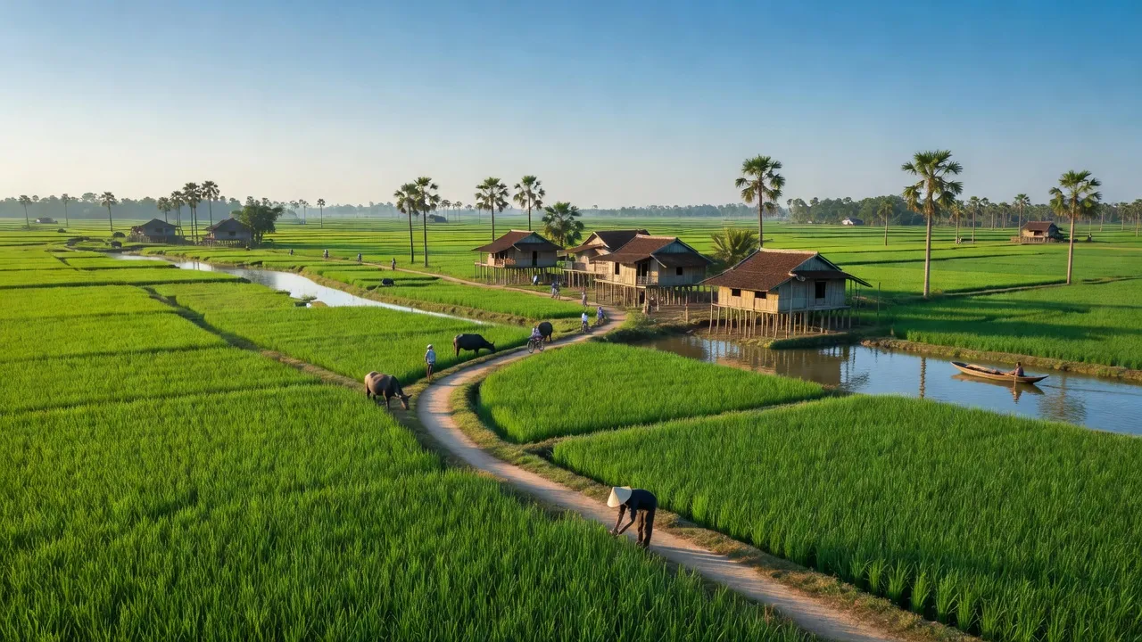 Thị trấn Ba Chúc ở huyện Tri Tôn, An Giang với cánh đồng xanh mướt và bầu trời trong xanh.
