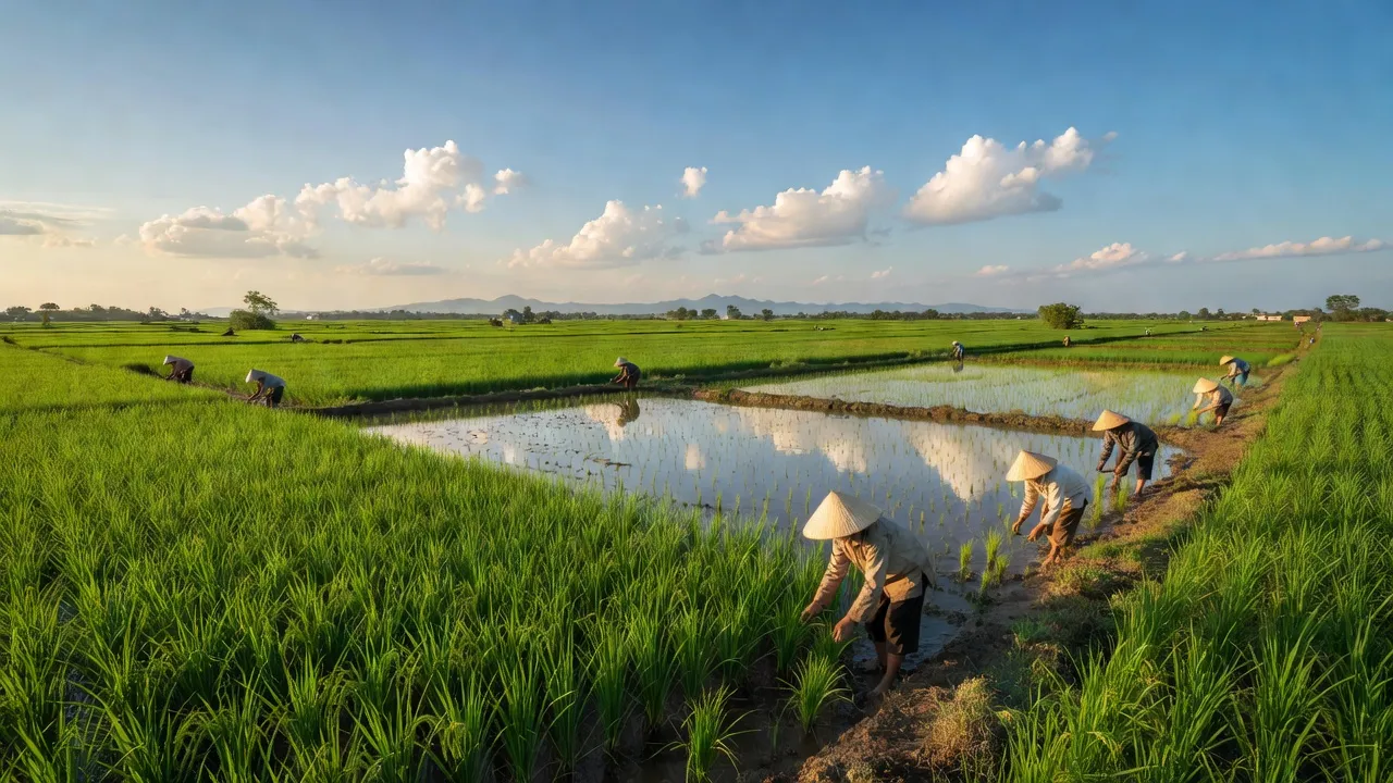 Cánh đồng xanh tươi ở xã Lạc Quới, huyện Tri Tôn, tỉnh An Giang với người nông dân làm việc.