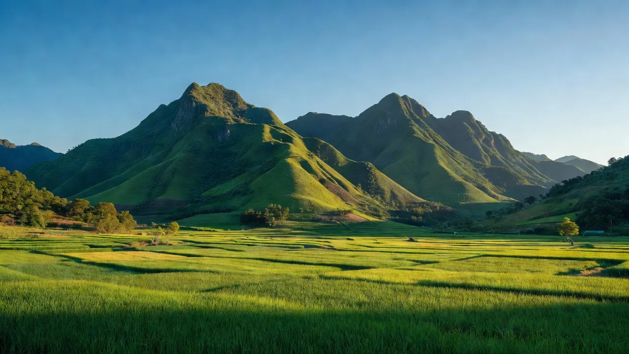 Khung cảnh Xã Lương Phi, Tri Tôn An Giang với núi non và cánh đồng lúa xanh tươi.