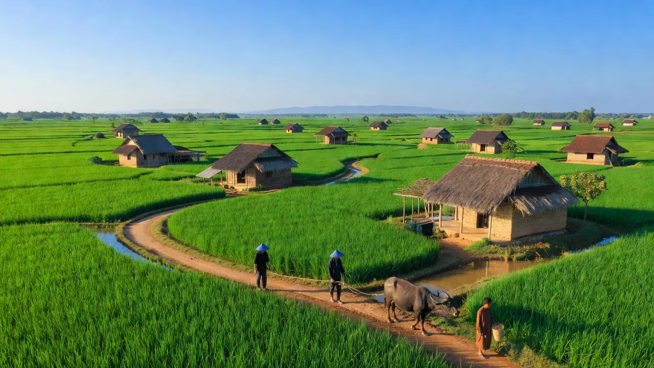 Cảnh đẹp xã Tà Đảnh, Tri Tôn, An Giang với cánh đồng xanh và nhà ở truyền thống.