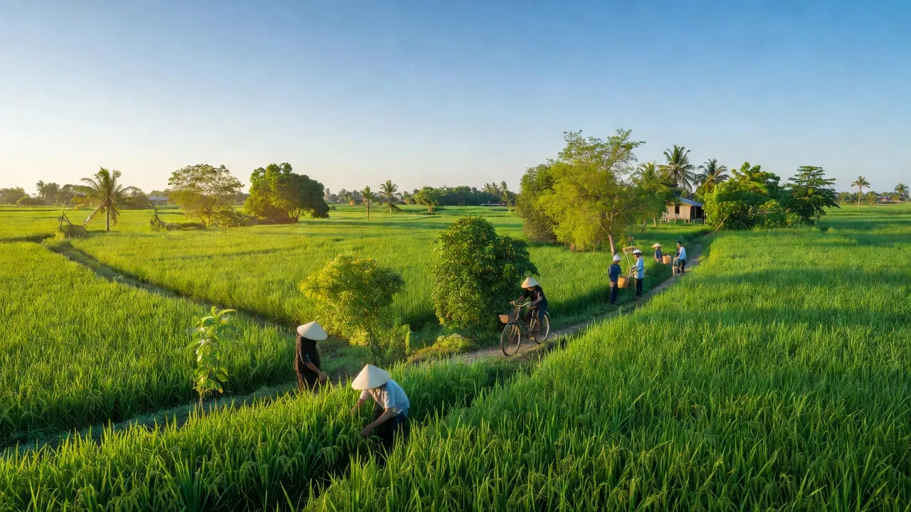 Khung cảnh đồng bằng xã Tân Tuyến, huyện Tri Tôn, tỉnh An Giang với ruộng lúa và cây cối xanh.