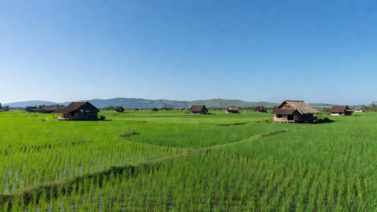 Cảnh đẹp xã Vĩnh Gia, huyện Tri Tôn, An Giang với cánh đồng xanh và nhà truyền thống.