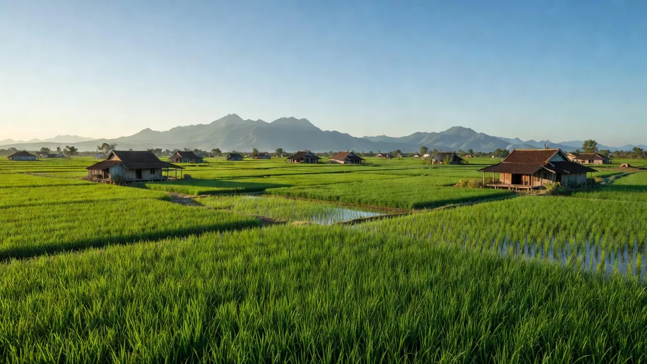 Khung cảnh xanh tươi của xã Vĩnh Phước, huyện Tri Tôn, An Giang với cánh đồng lúa và núi xa.