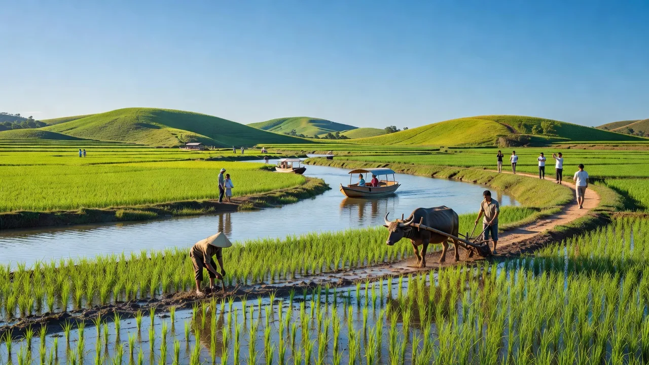 Khung cảnh thiên nhiên tỉnh An Giang với sông, cánh đồng và hoạt động nông nghiệp, vận động viên du lịch.
