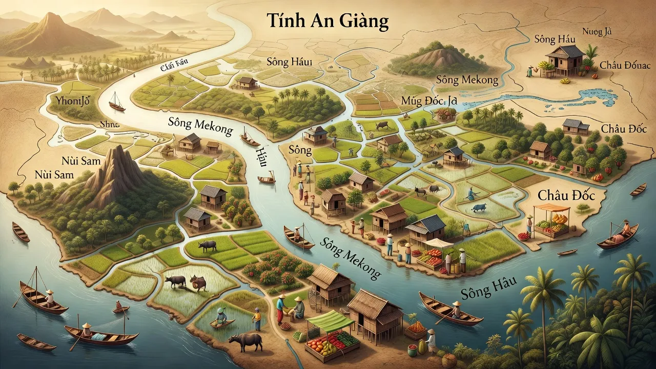 Tỉnh An Giang với sông nước, đặc điểm địa lý và cuộc sống sinh động của người dân vùng Đồng bằng sông Cửu Long.