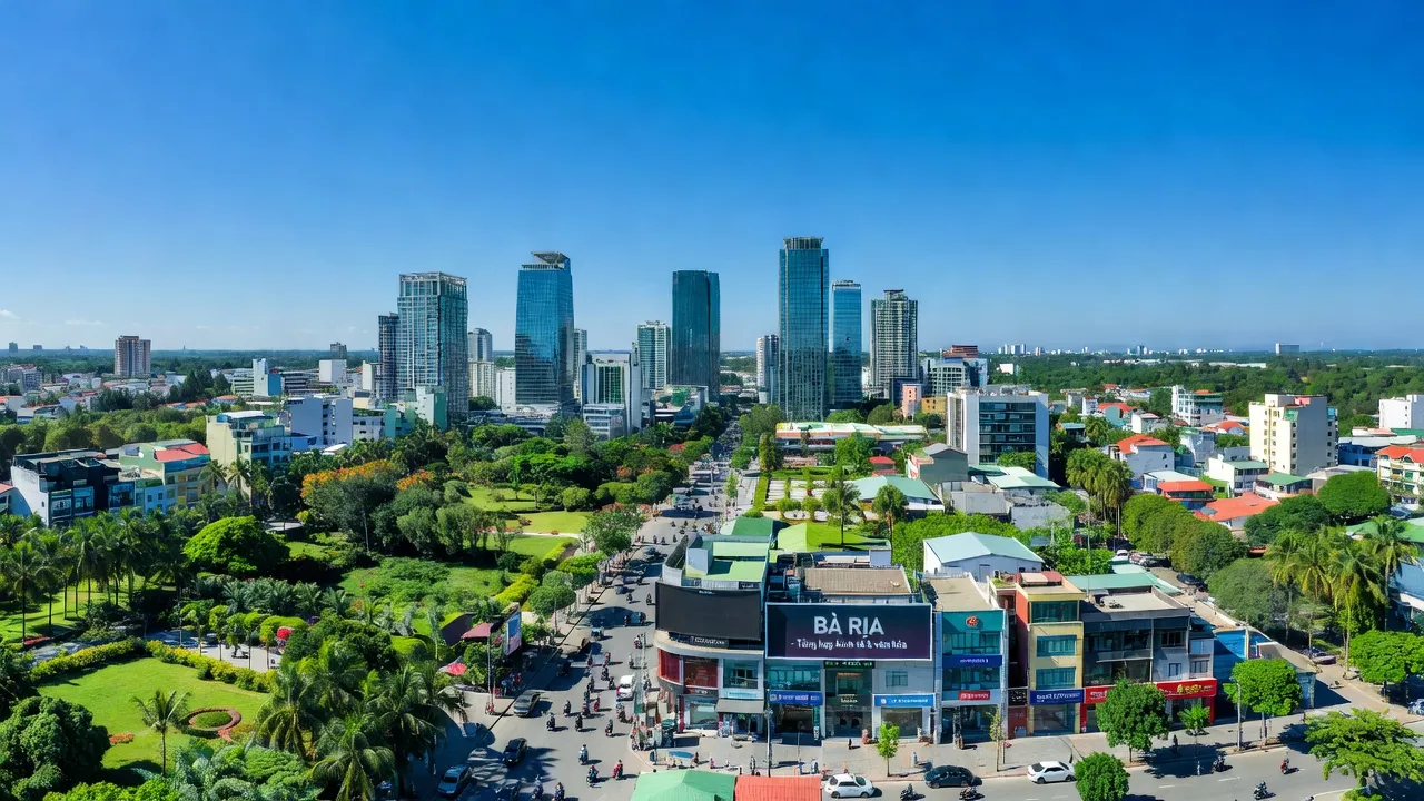 Khung cảnh thành phố Bà Rịa với kiến trúc hiện đại và thiên nhiên tươi đẹp, Bà Rịa - Vũng Tàu.