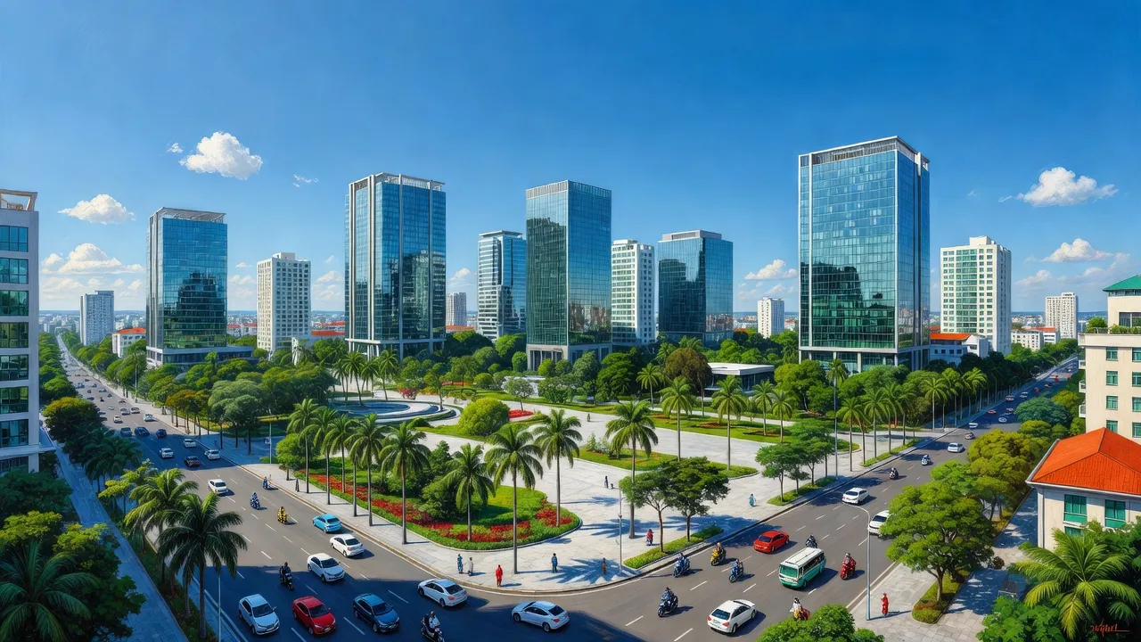 Thành phố Bà Rịa với kiến trúc hiện đại và không gian xanh, thể hiện sự phát triển năng động.