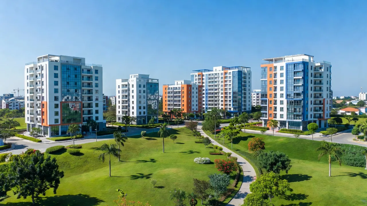 Khung cảnh xã Hoà Long, Thành phố Bà Rịa, với các tòa nhà hiện đại và bầu trời xanh.