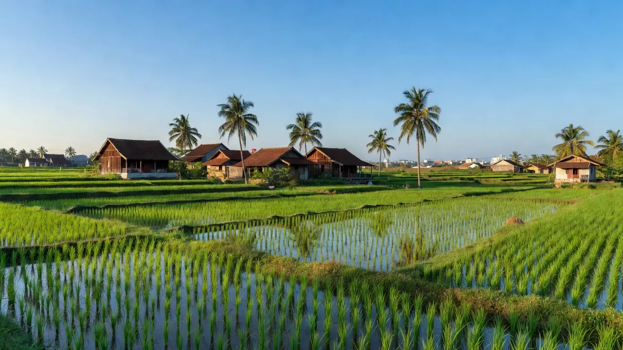 Cảnh quan yên bình ở xã Long Phước, Bà Rịa - Vũng Tàu với cánh đồng xanh và nhà truyền thống.