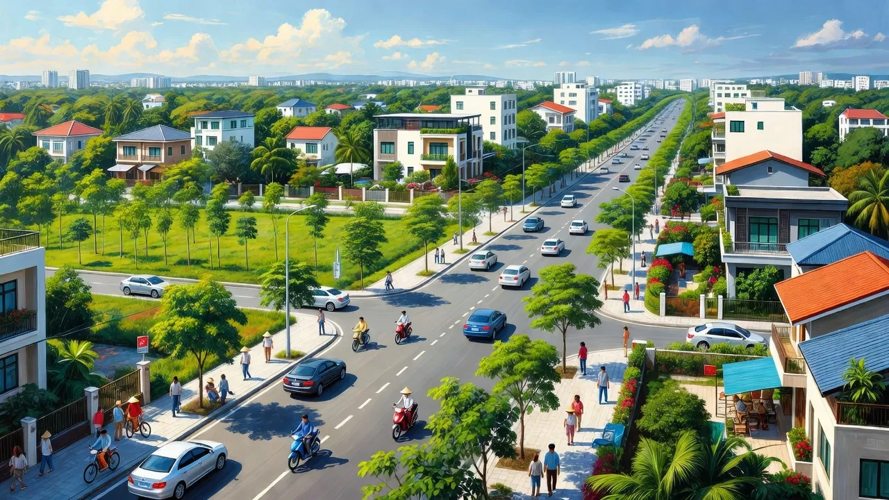 Phong cảnh phường Long Toàn, thành phố Bà Rịa, với đường phố, nhà cửa và cây xanh tươi mát.