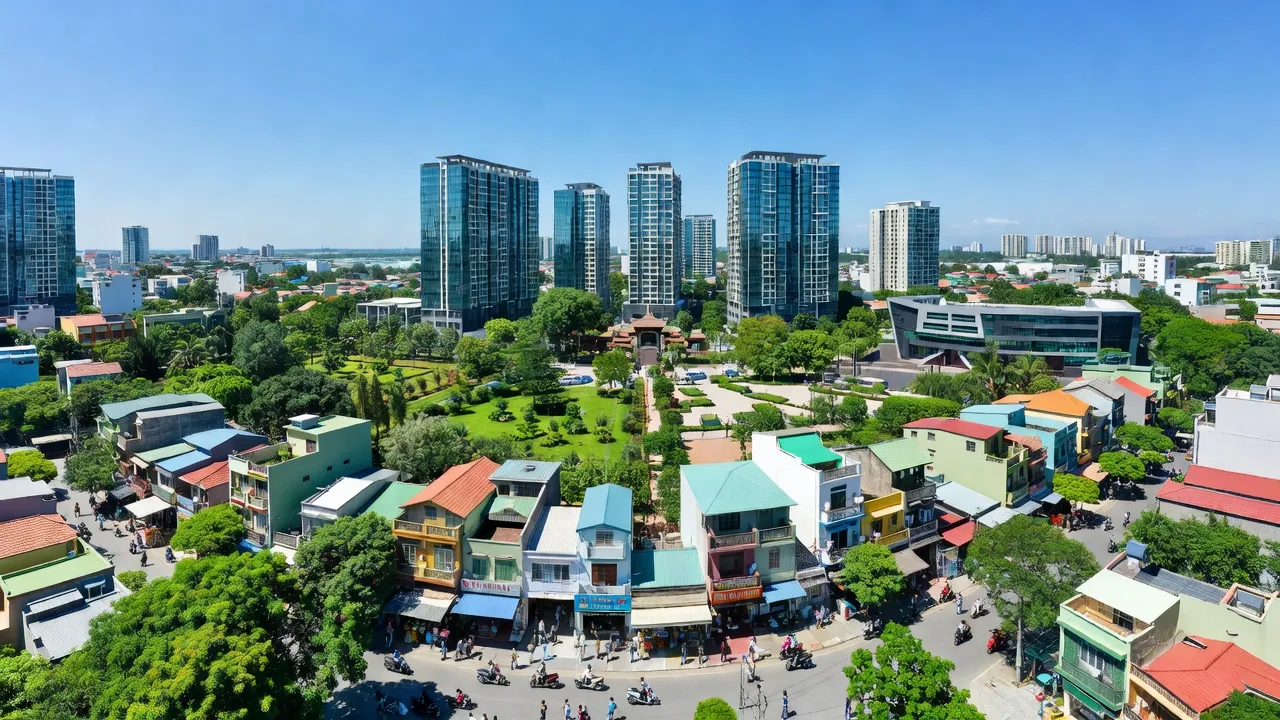 Phường Phước Trung, Bà Rịa - Vũng Tàu, with modern buildings and vibrant greenery under a blue sky.
