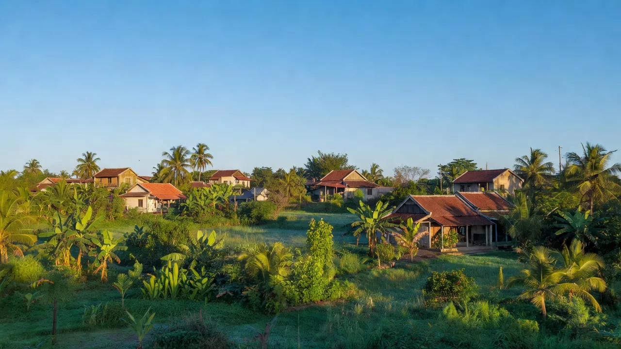 Khung cảnh bình yên của xã Tân Hưng, thành phố Bà Rịa, với nhà cửa và thiên nhiên xanh tươi.