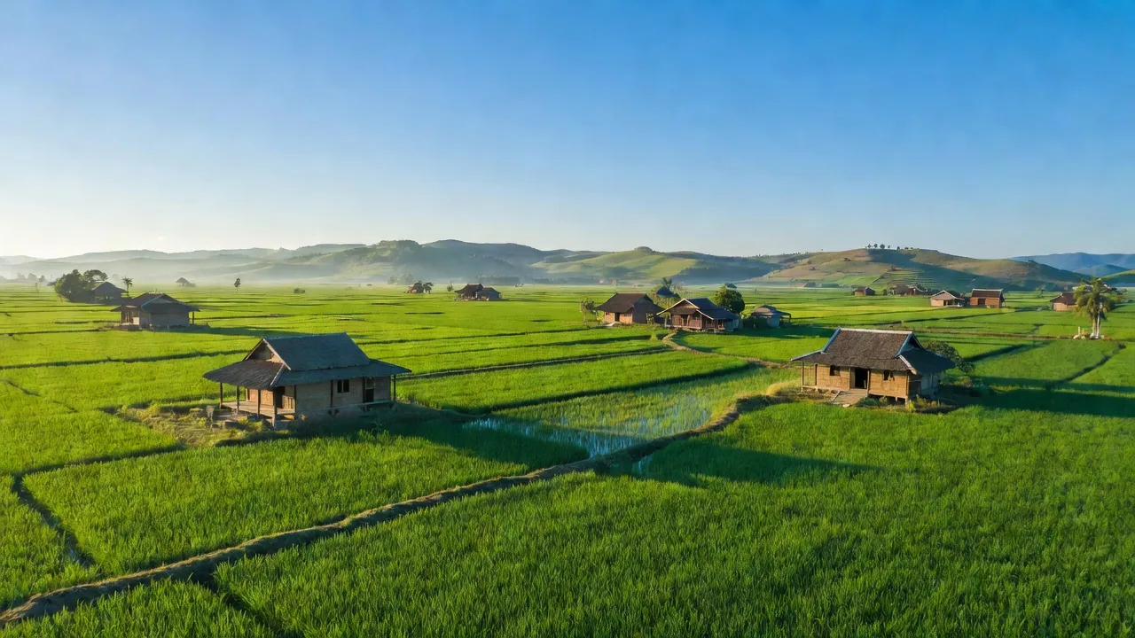 Khung cảnh Xã Bàu Chinh ở Huyện Châu Đức, Bà Rịa - Vũng Tàu với ruộng xanh, nhà truyền thống.