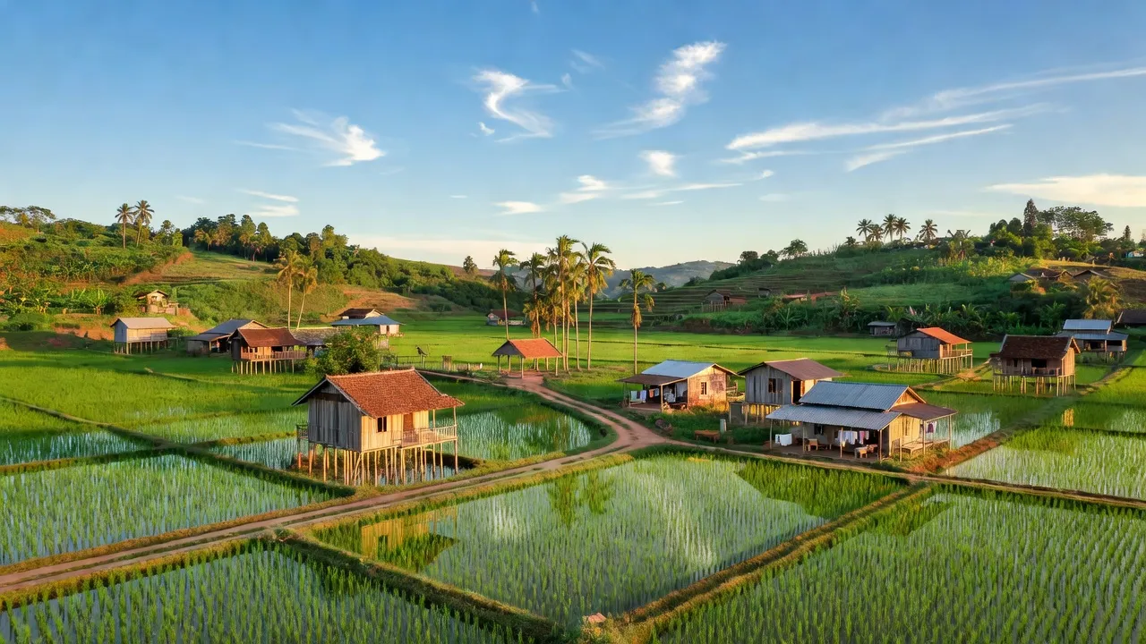 Khung cảnh Bình Giã, huyện Châu Đức, Bà Rịa - Vũng Tàu, với cánh đồng xanh và kiến trúc nông thôn.
