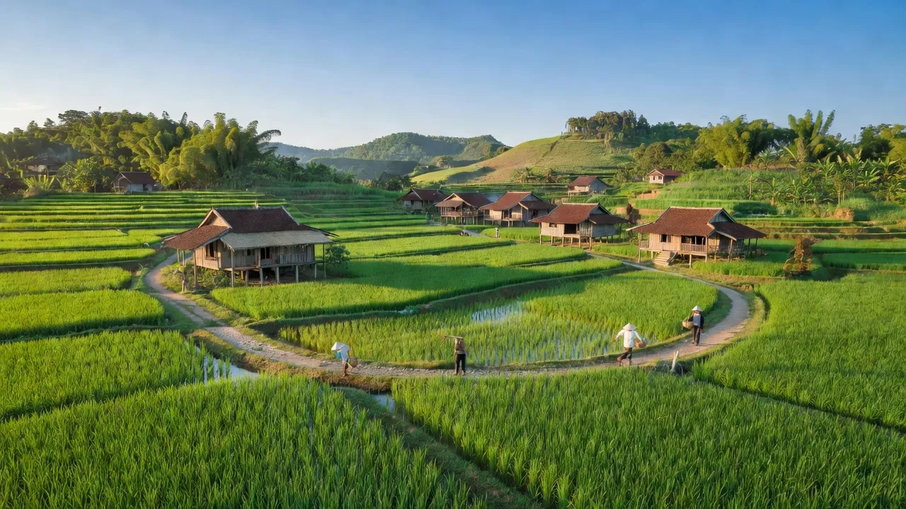 Cảnh bình dị tại xã Bình Trung, huyện Châu Đức, Bà Rịa - Vũng Tàu với cánh đồng xanh và nhà truyền thống.
