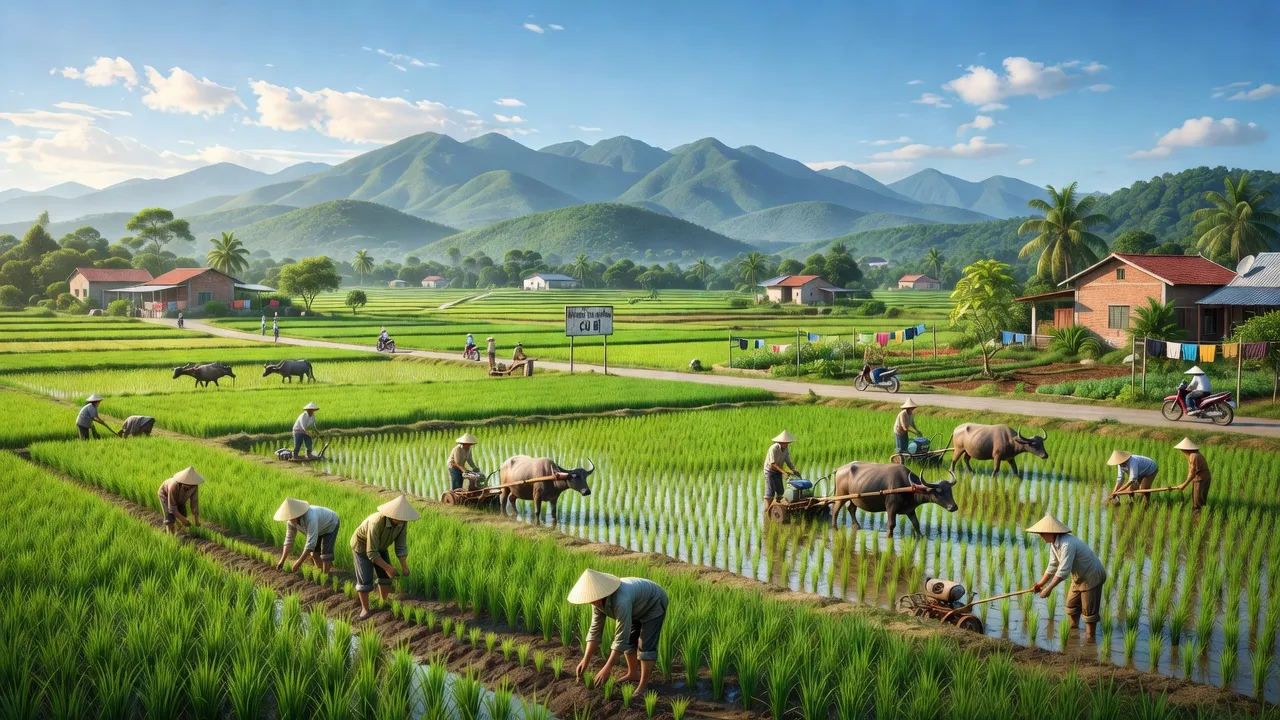 Cảnh đẹp xã Cù Bị huyện Châu Đức, Bà Rịa - Vũng Tàu với cánh đồng và núi.
